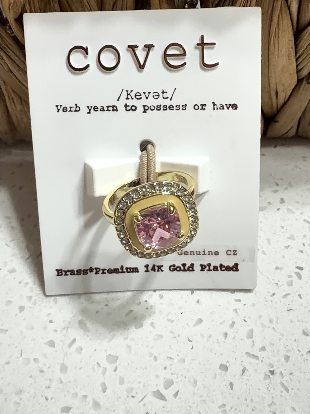 Cove Gold-Tone Ring with Pink Cushion CZ and Clear Accents